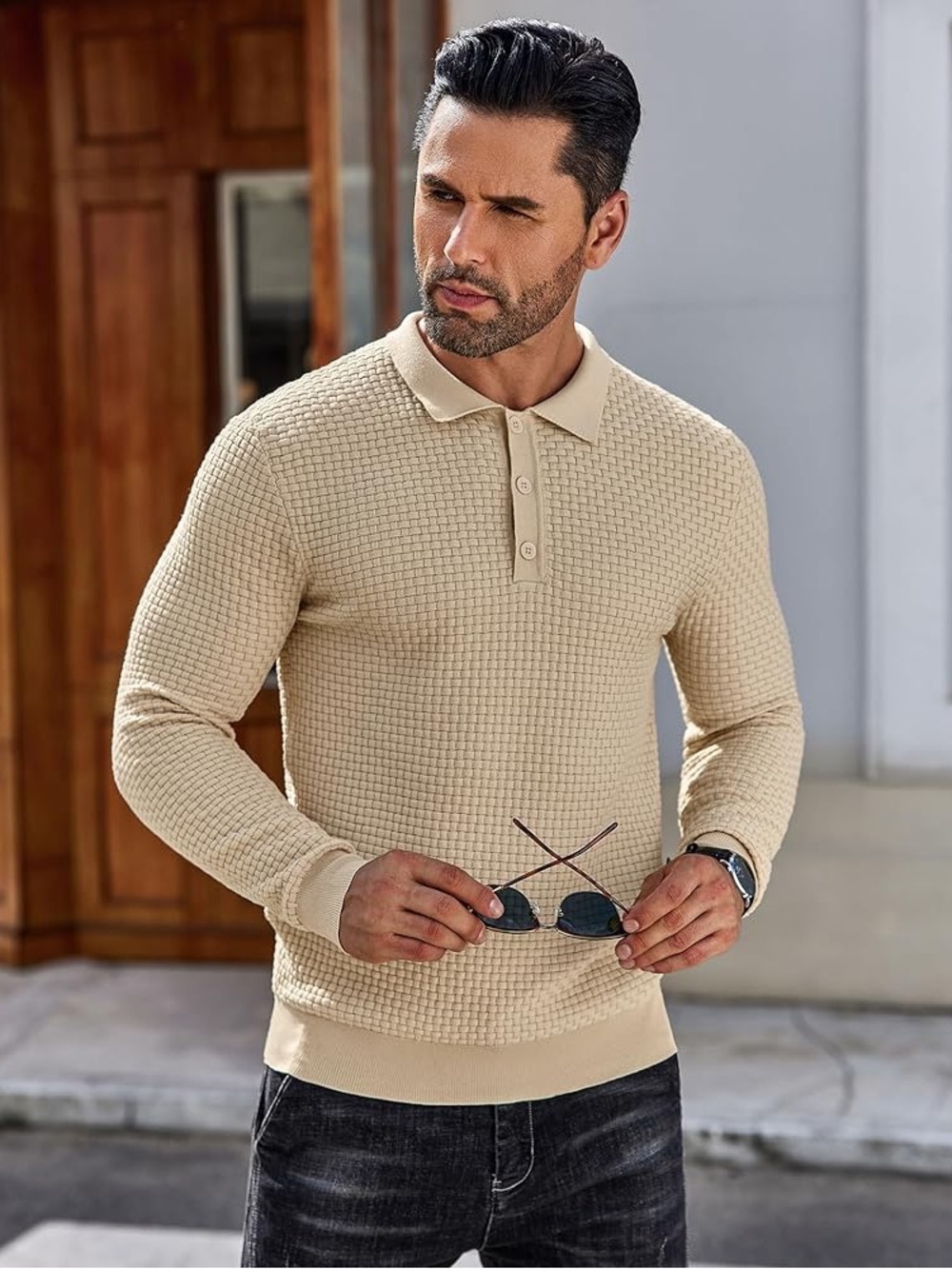 Coofandy Men's Cream Knit Textured Polo Sweater - Casual Long Sleeve Shirt